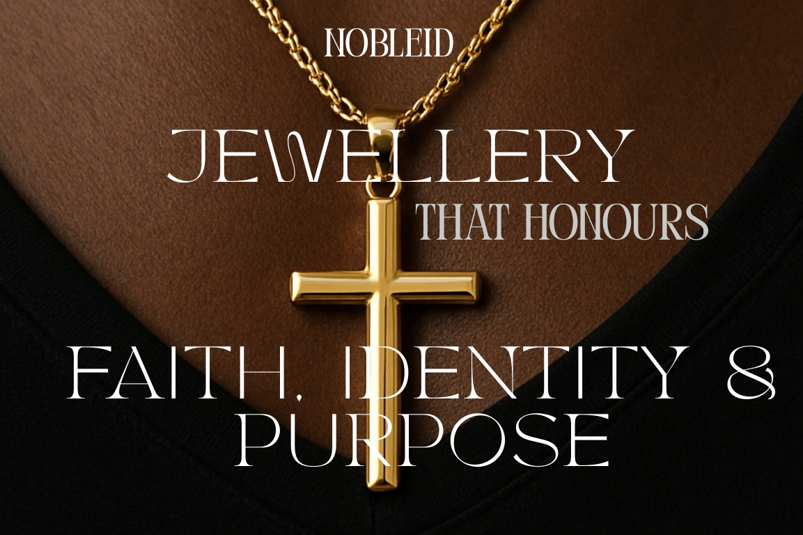 Gold cross necklace on a brown background with text about jewellery that honours faith, identity, and purpose.