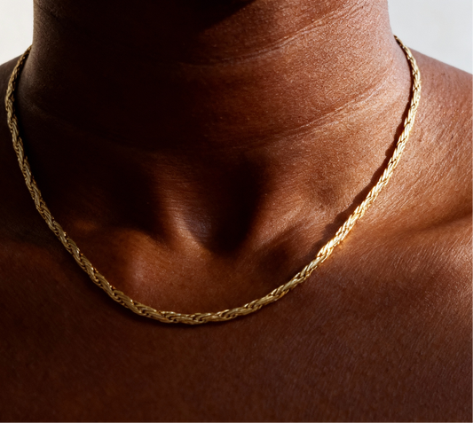 Gold chain necklace on a person's neck with a neutral background