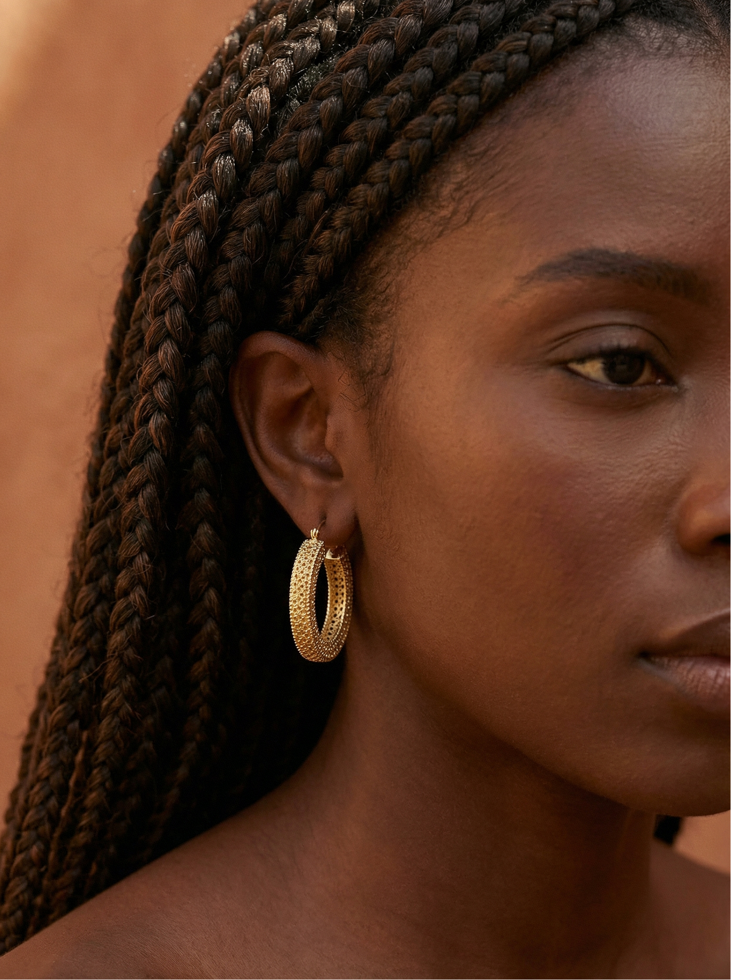 Close-up of a woman with braided hair wearing gold hoop earrings against a brown background